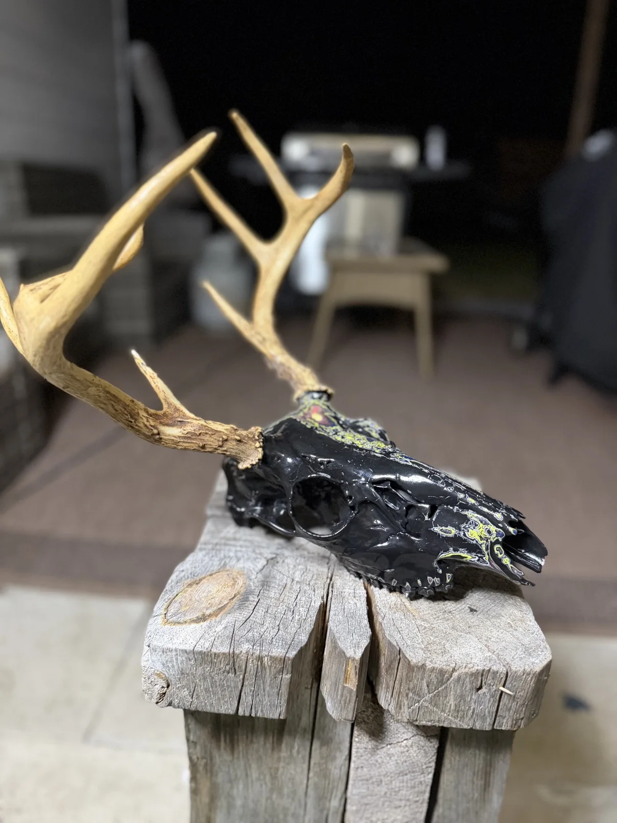 Photograph of my hand-painted deer skull from an angled view on a wooden post, glossy black finish with multicolor fordite accents down the center and natural honey colored antlers