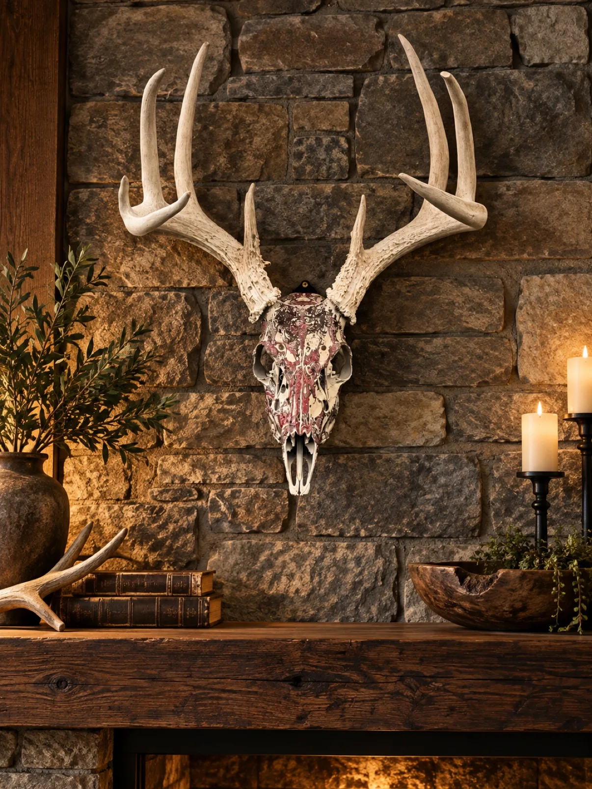 Photograph of my hand-painted whitetail deer skull hanging on a stone fireplace wall above a wooden mantel, white and cream skull with burgundy and black fordite down the center and large bleached antlers